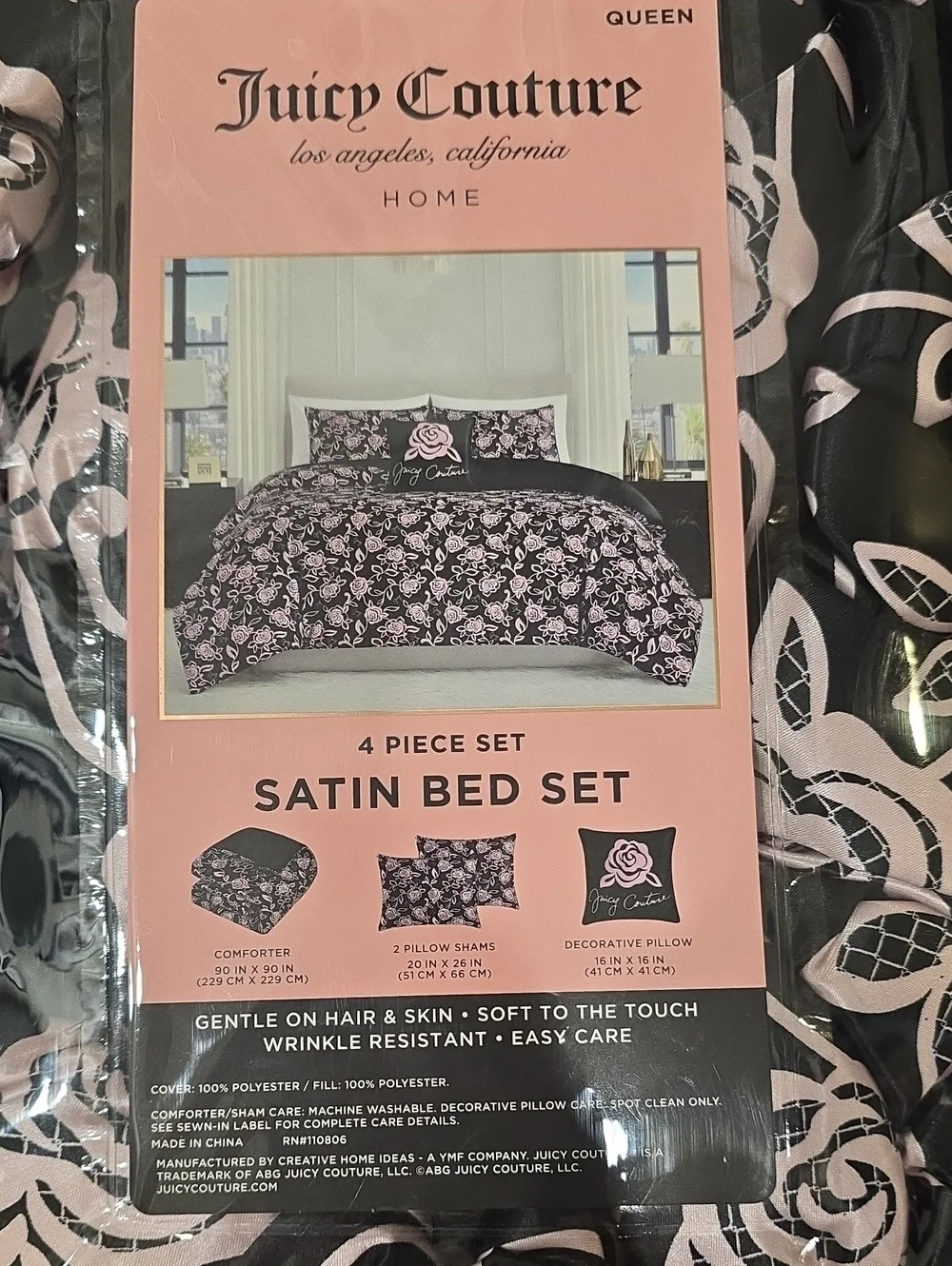 Juicy Couture Home Cristal Collection Logo Rose 4PC Satin Queen Bed Set